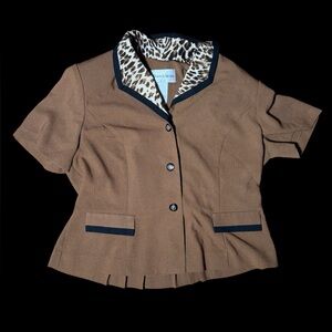 Brown Short Sleeve Blazer with Leopard Trim